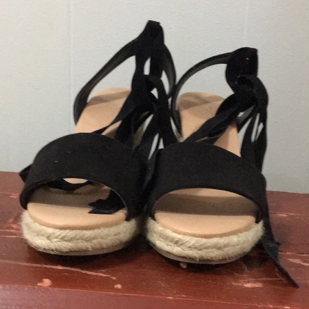 Stylish wedge sandals with black suede ties.